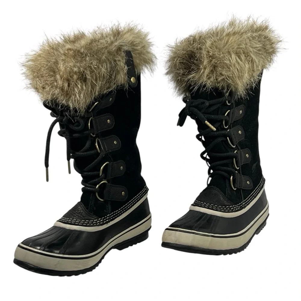 Sorel Joan of Arctic Black Beige Waterproof Winter Snow Boots Womens Size 9
